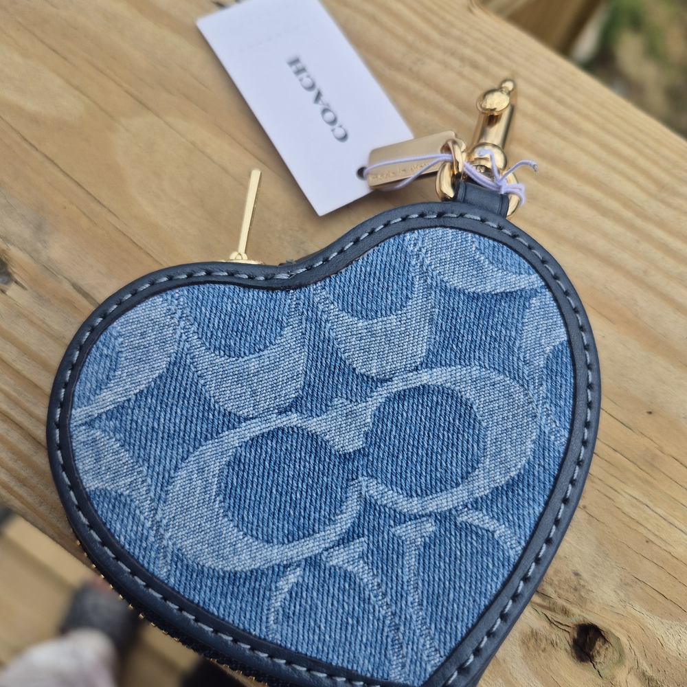 Coach Denim Heart Coin Pouch Key Holder with Gold Hardware